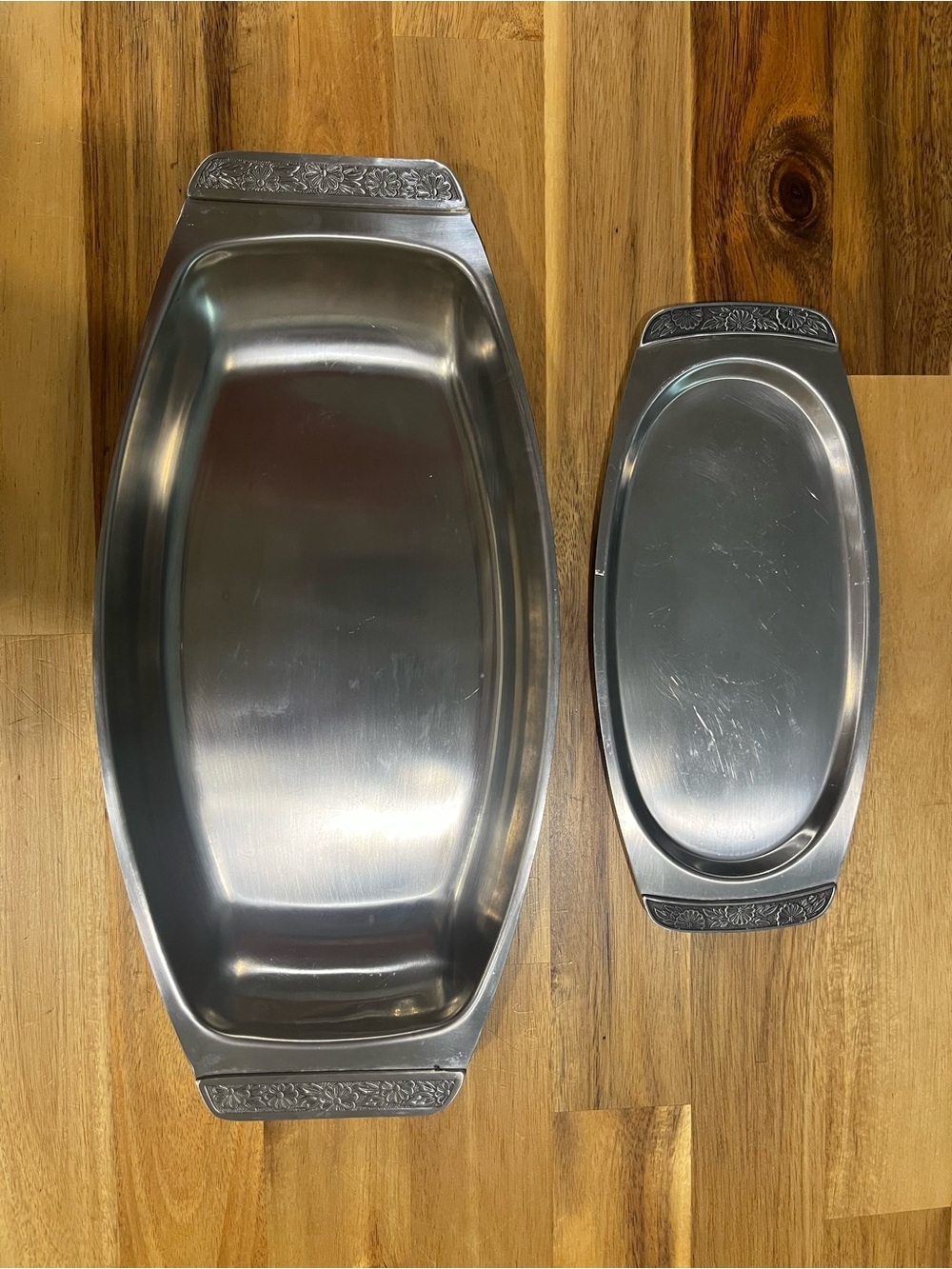 Vintage MCM 2 pc 18/8 Stainless Steel Serving Trays Floral Handles